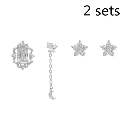 Earring Set, Moon, Floral, Small Chain