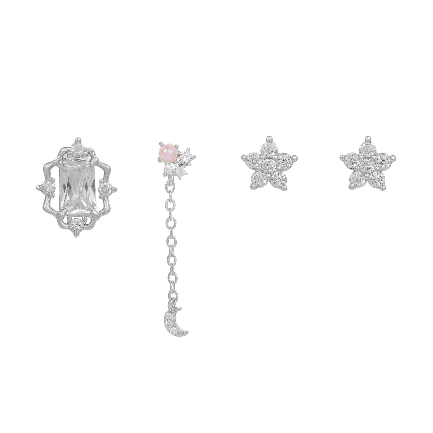 Earring Set, Moon, Floral, Small Chain