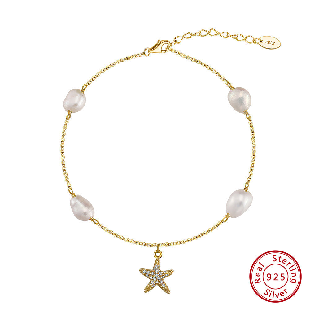 Sterling Silver Pearl Star Pendant Anklet