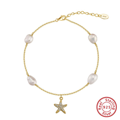 Sterling Silver Pearl Star Pendant Anklet