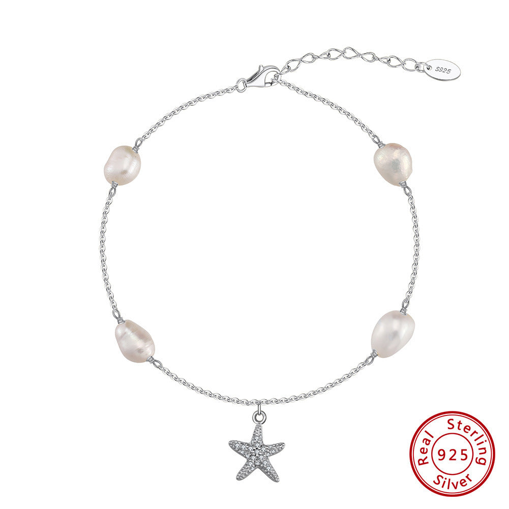 Sterling Silver Pearl Star Pendant Anklet