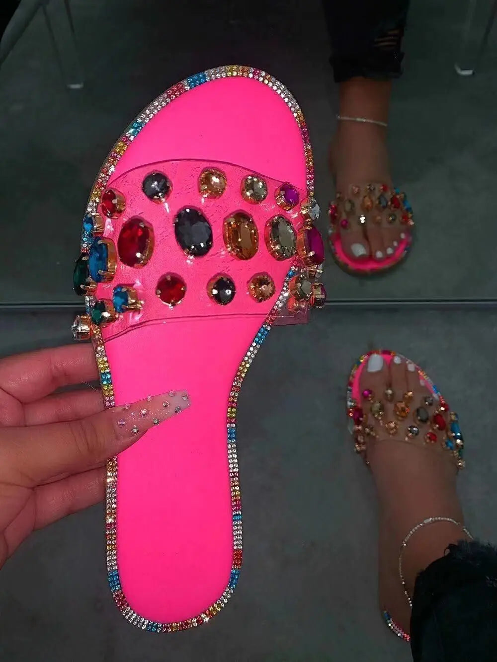 Shoes Rhinestones Chains Flat Sandals