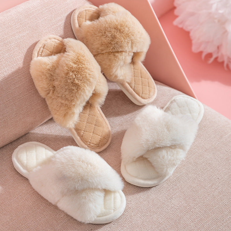 Cross-strap Furry Winter Indoor Slippers