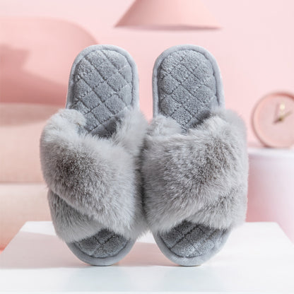 Cross-strap Furry Winter Indoor Slippers