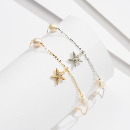 Sterling Silver Pearl Star Pendant Anklet