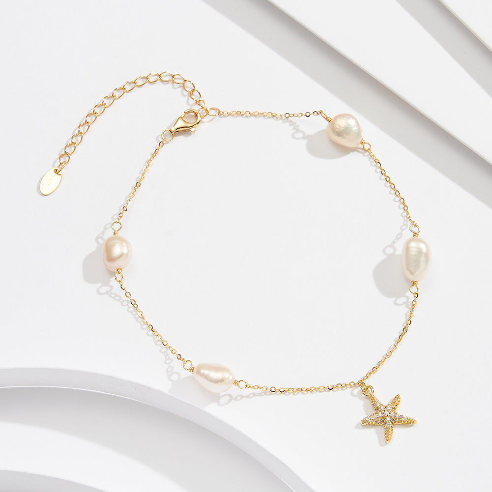 Sterling Silver Pearl Star Pendant Anklet