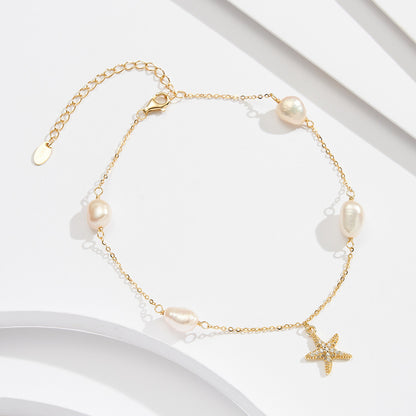 Sterling Silver Pearl Star Pendant Anklet